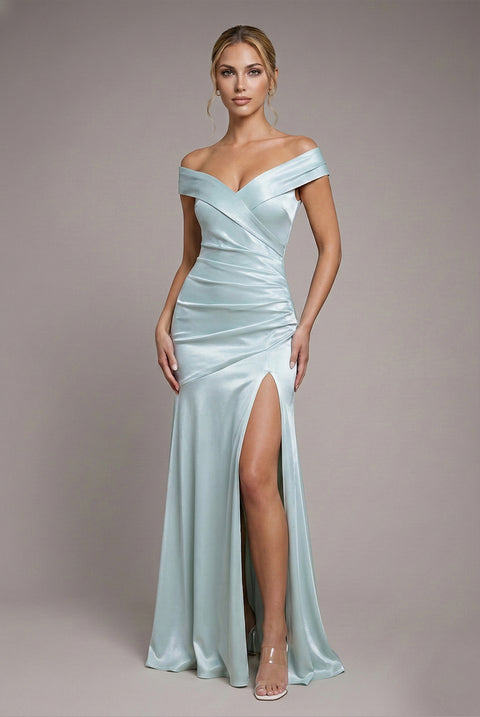Satin Off Shoulder Pleated Maxi Dress - Sage Green by Goddiva