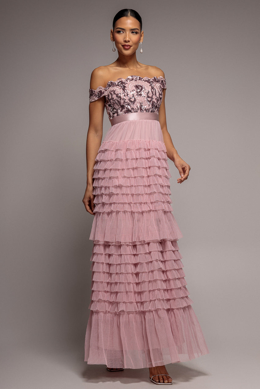 Scallop Bardot Ruffle Mesh Maxi - Blush DR3742