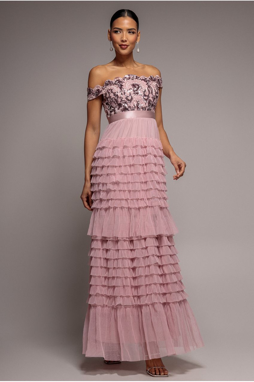 Scallop Bardot Ruffle Mesh Maxi - Blush DR3742