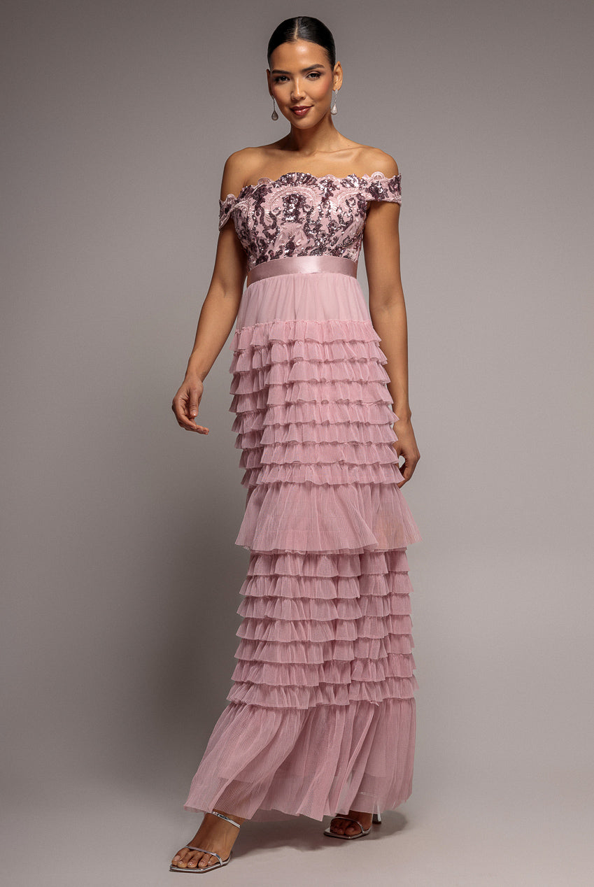 Scallop Bardot Ruffle Mesh Maxi - Blush DR3742