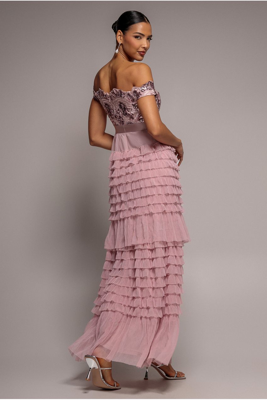 Scallop Bardot Ruffle Mesh Maxi - Blush DR3742