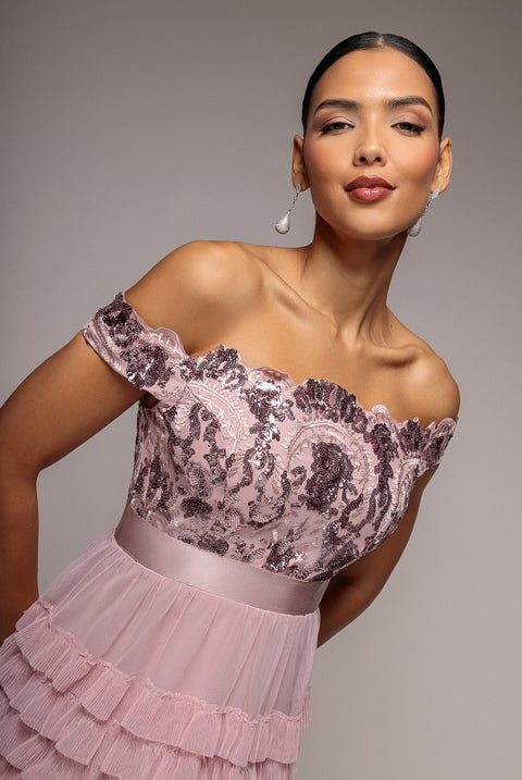 Scallop Bardot Ruffle Mesh Maxi - Blush by Goddiva