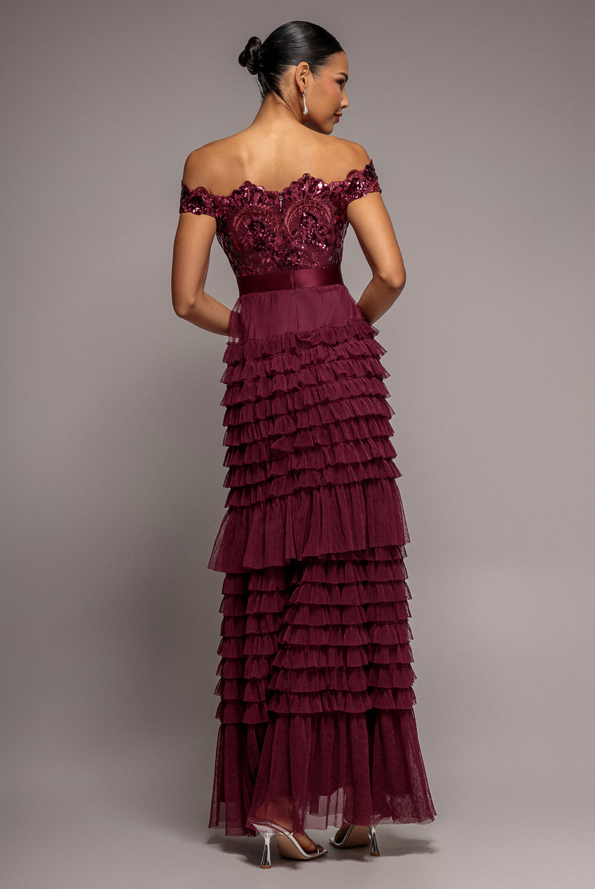 Scallop Bardot Ruffle Mesh Maxi - Burgundy DR3742