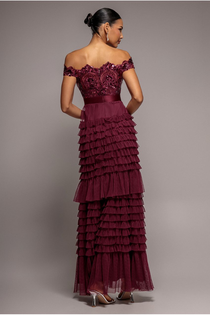 Scallop Bardot Ruffle Mesh Maxi - Burgundy DR3742
