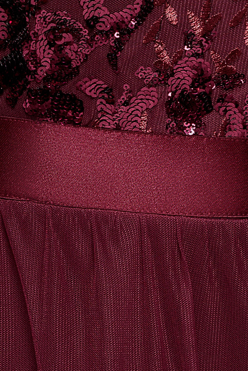 Scallop Bardot Ruffle Mesh Maxi - Burgundy DR3742
