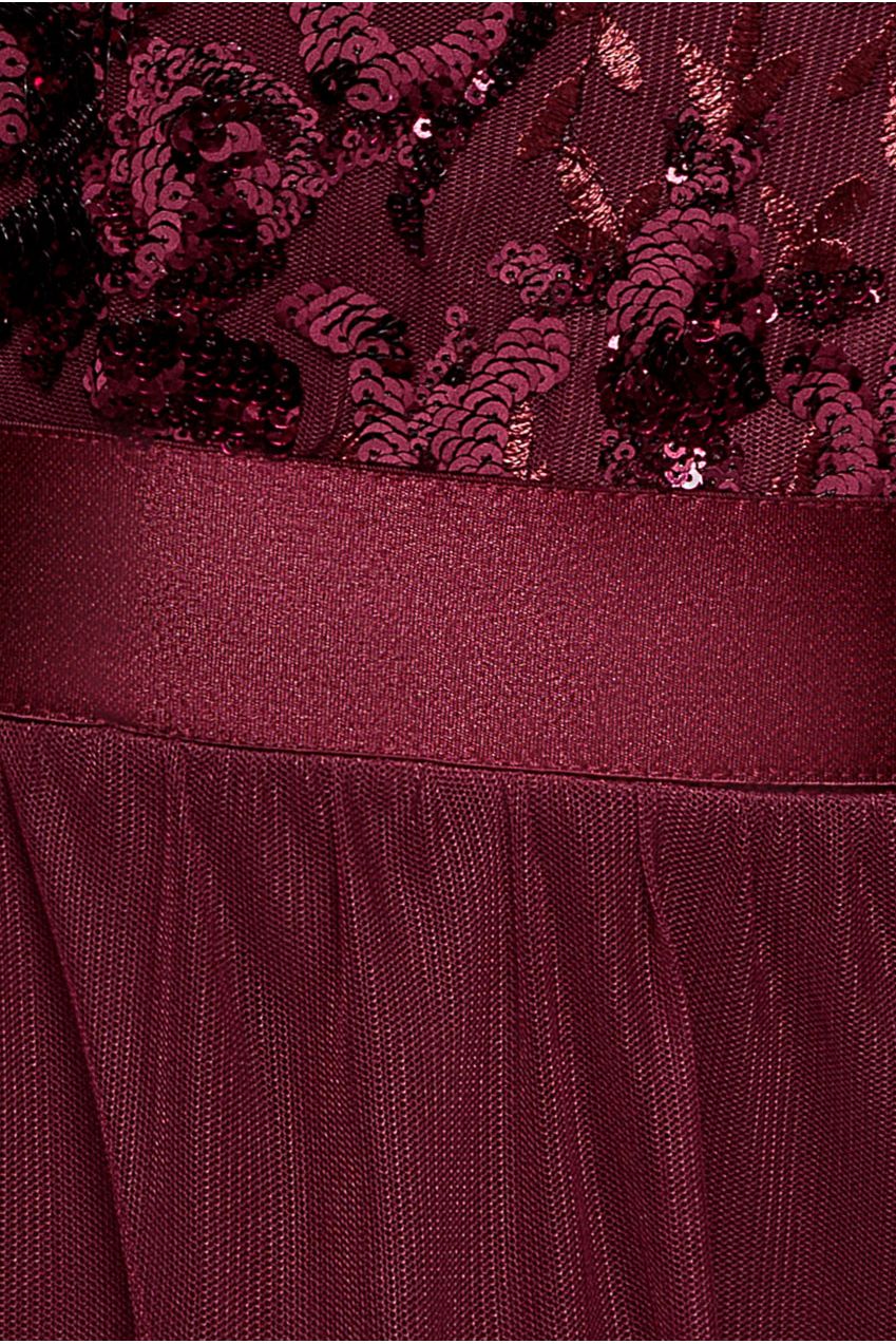 Scallop Bardot Ruffle Mesh Maxi - Burgundy DR3742