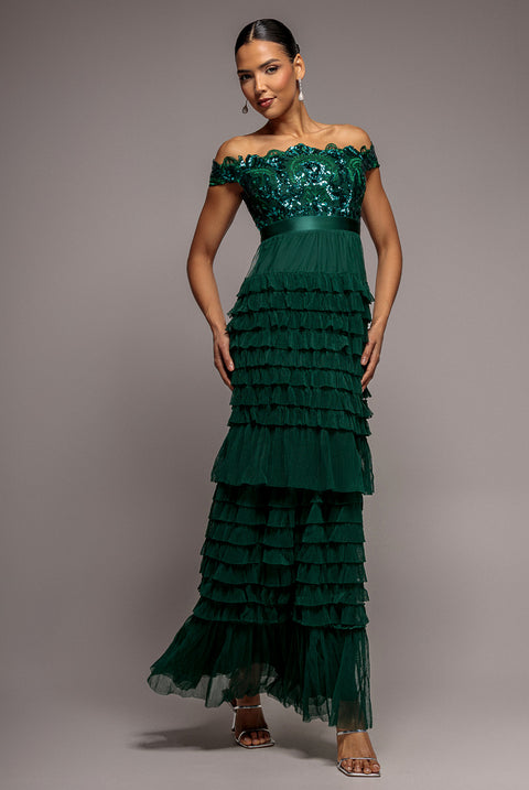 Scallop Bardot Ruffle Mesh Maxi - Emerald Green by Goddiva