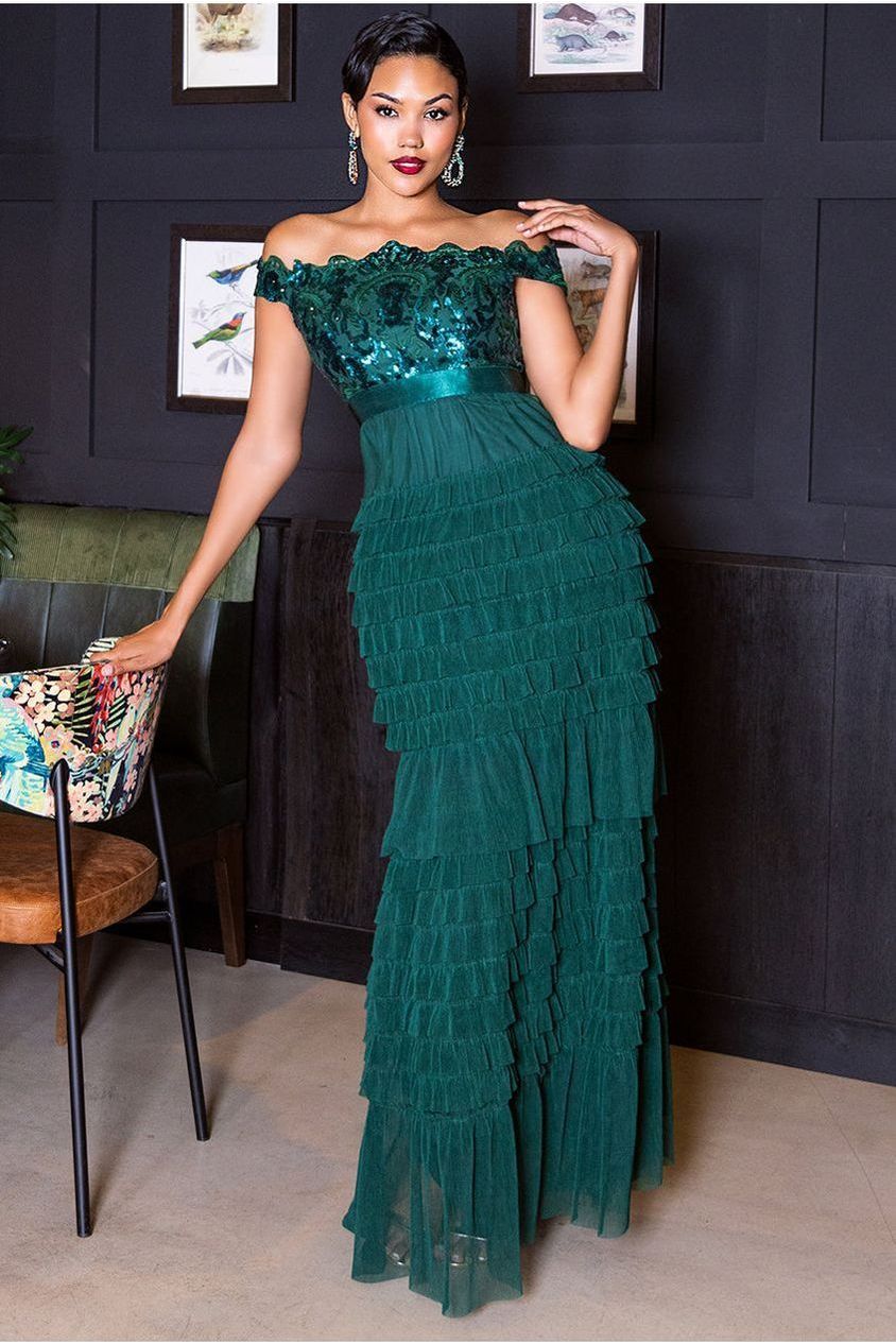 Scallop Bardot Ruffle Mesh Maxi - Emerald Green DR3742