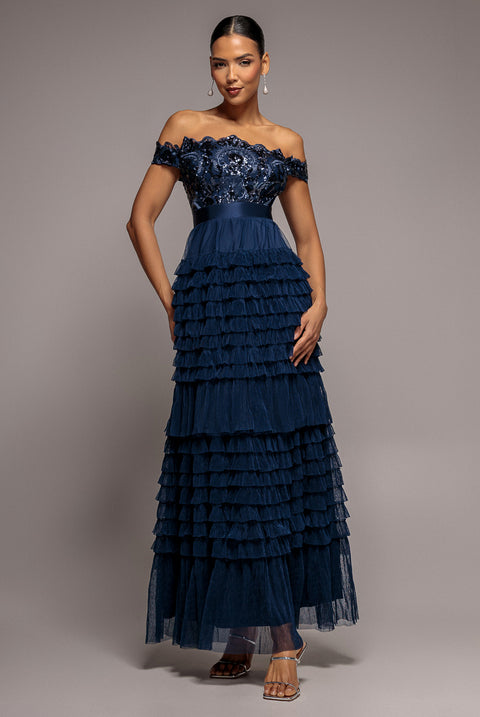 Scallop Bardot Ruffle Mesh Maxi - Navy by Goddiva