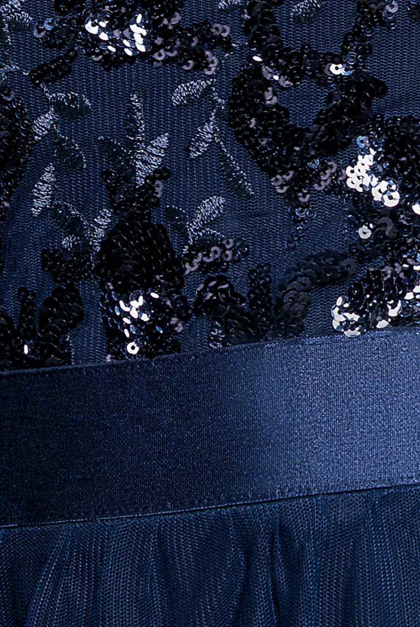 Scallop Bardot Ruffle Mesh Maxi - Navy DR3742