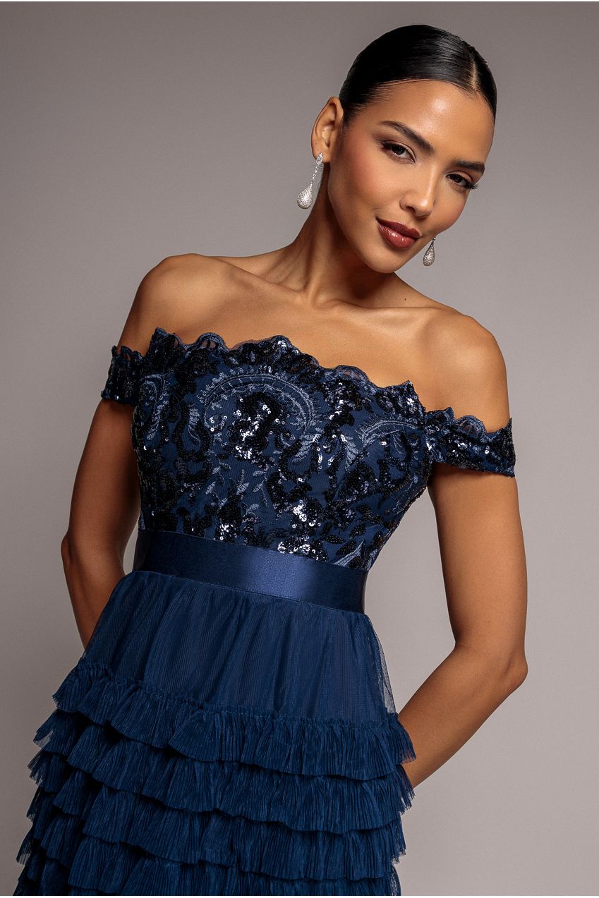 Scallop Bardot Ruffle Mesh Maxi - Navy DR3742