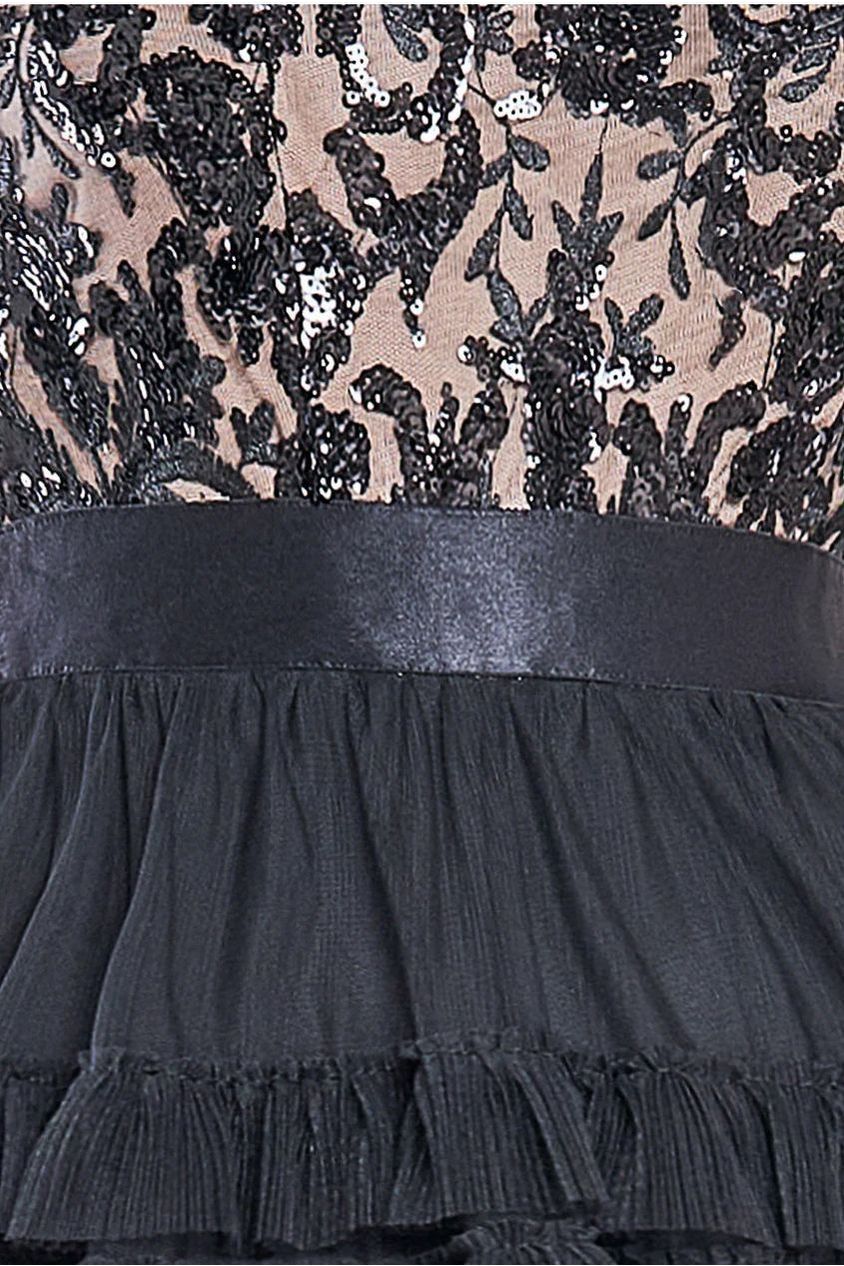 Scallop Bardot Ruffle Mesh Maxi - Black DR3742