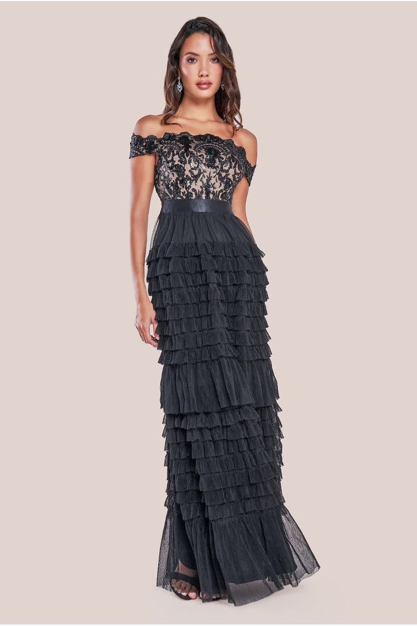 Scallop Bardot Ruffle Mesh Maxi - Black DR3742