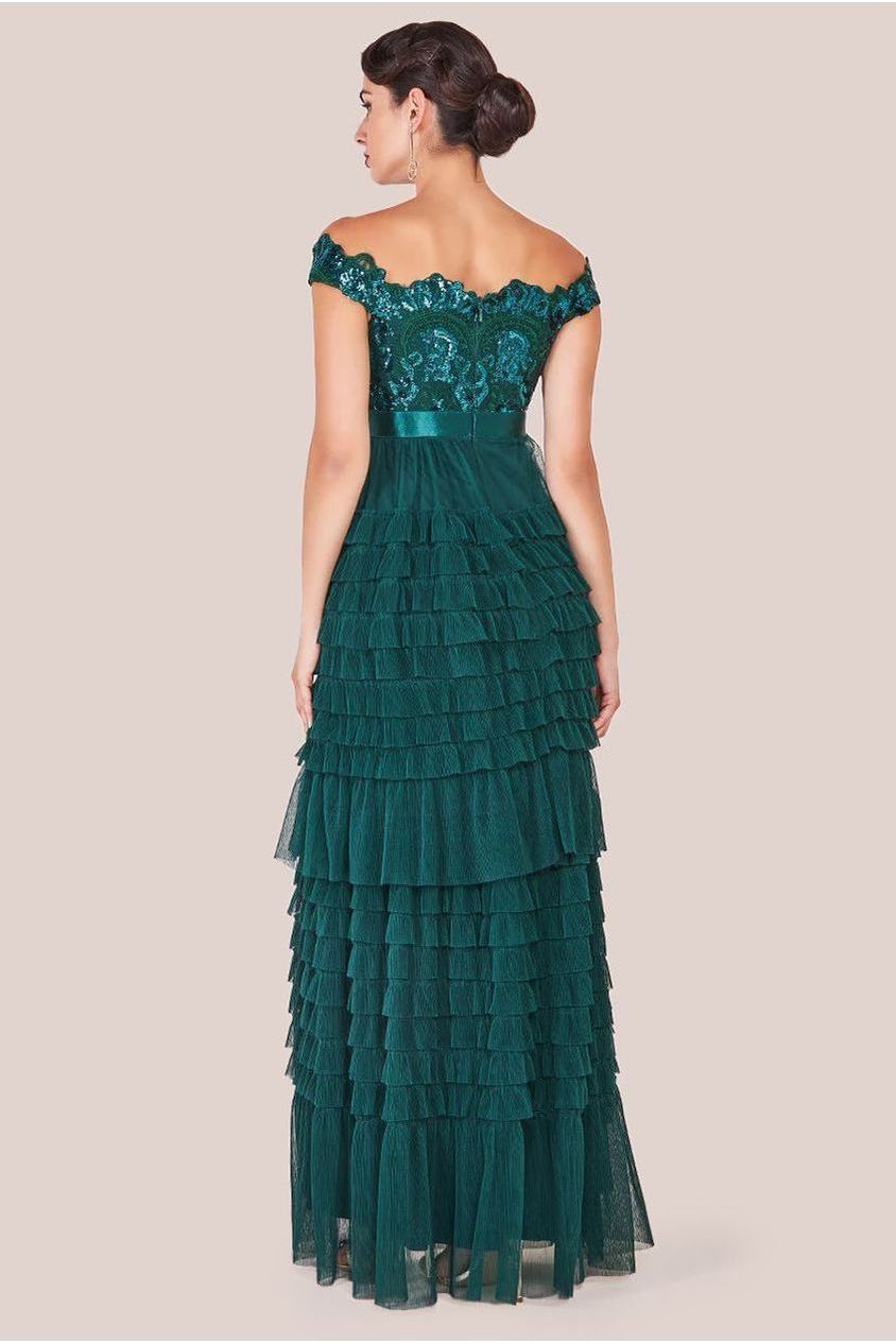 Scallop Bardot Ruffle Mesh Maxi - Emerald Green DR3742
