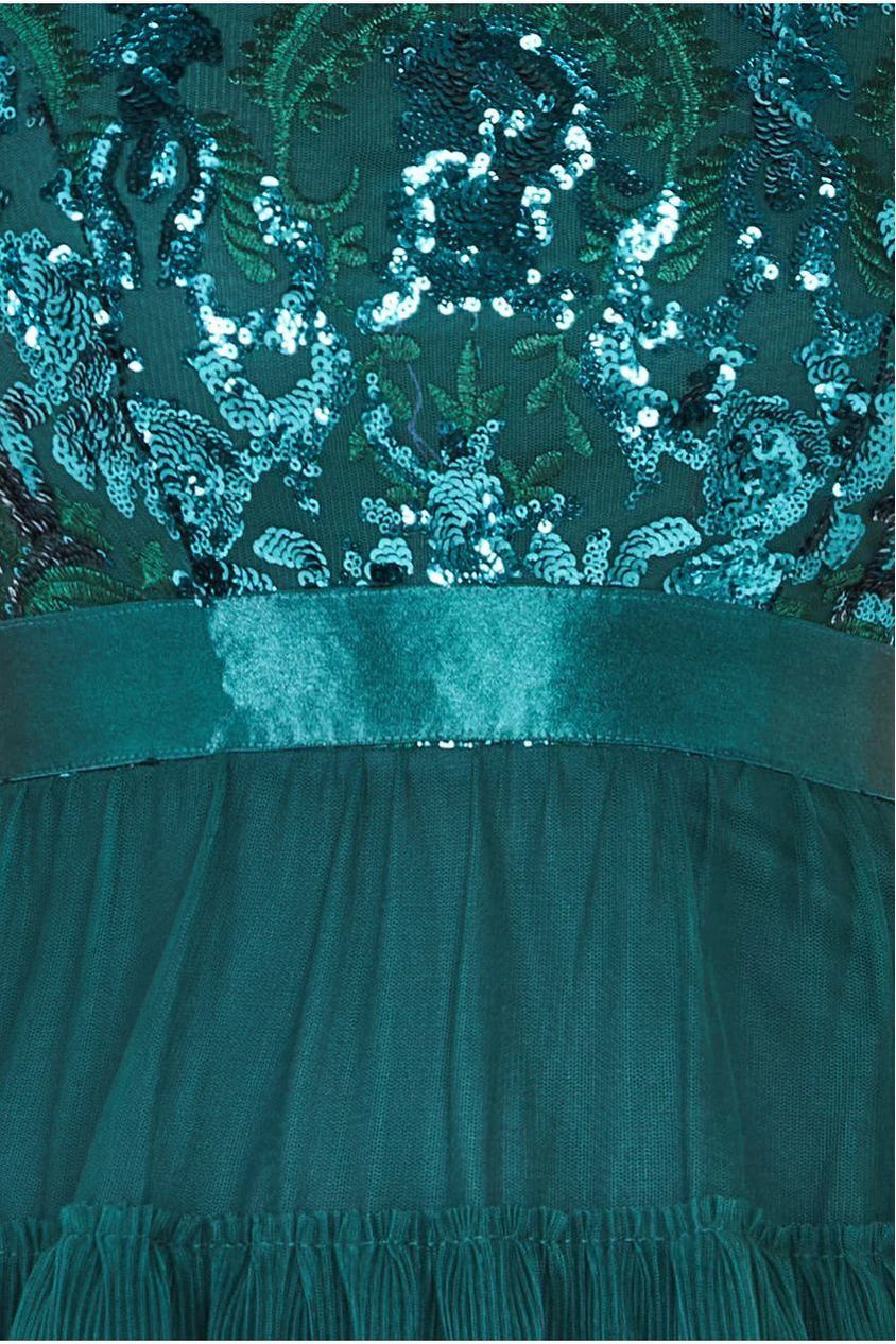 Scallop Bardot Ruffle Mesh Maxi - Emerald Green DR3742