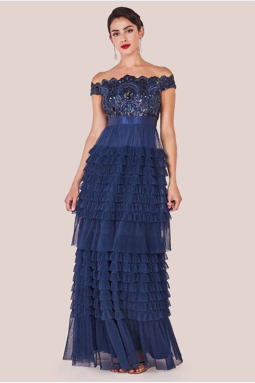 Scallop Bardot Ruffle Mesh Maxi - Navy DR3742
