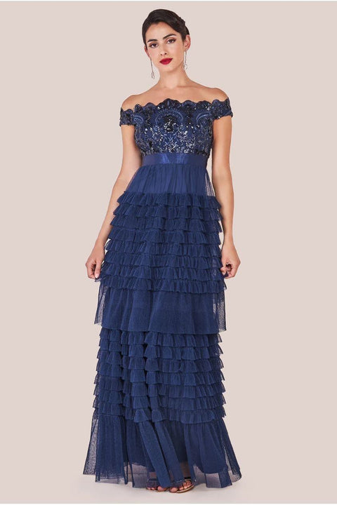 Scallop Bardot Ruffle Mesh Maxi - Navy by Goddiva