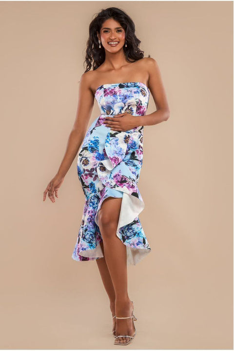 Ruffled Floral Scuba Foam Bandeau Midi Dress - Blue by Goddiva