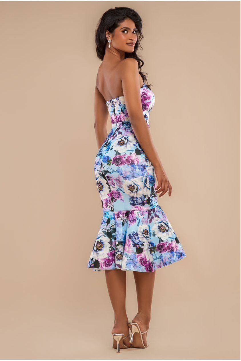 Ruffled Floral Scuba Foam Bandeau Midi Dress - Blue DR3745