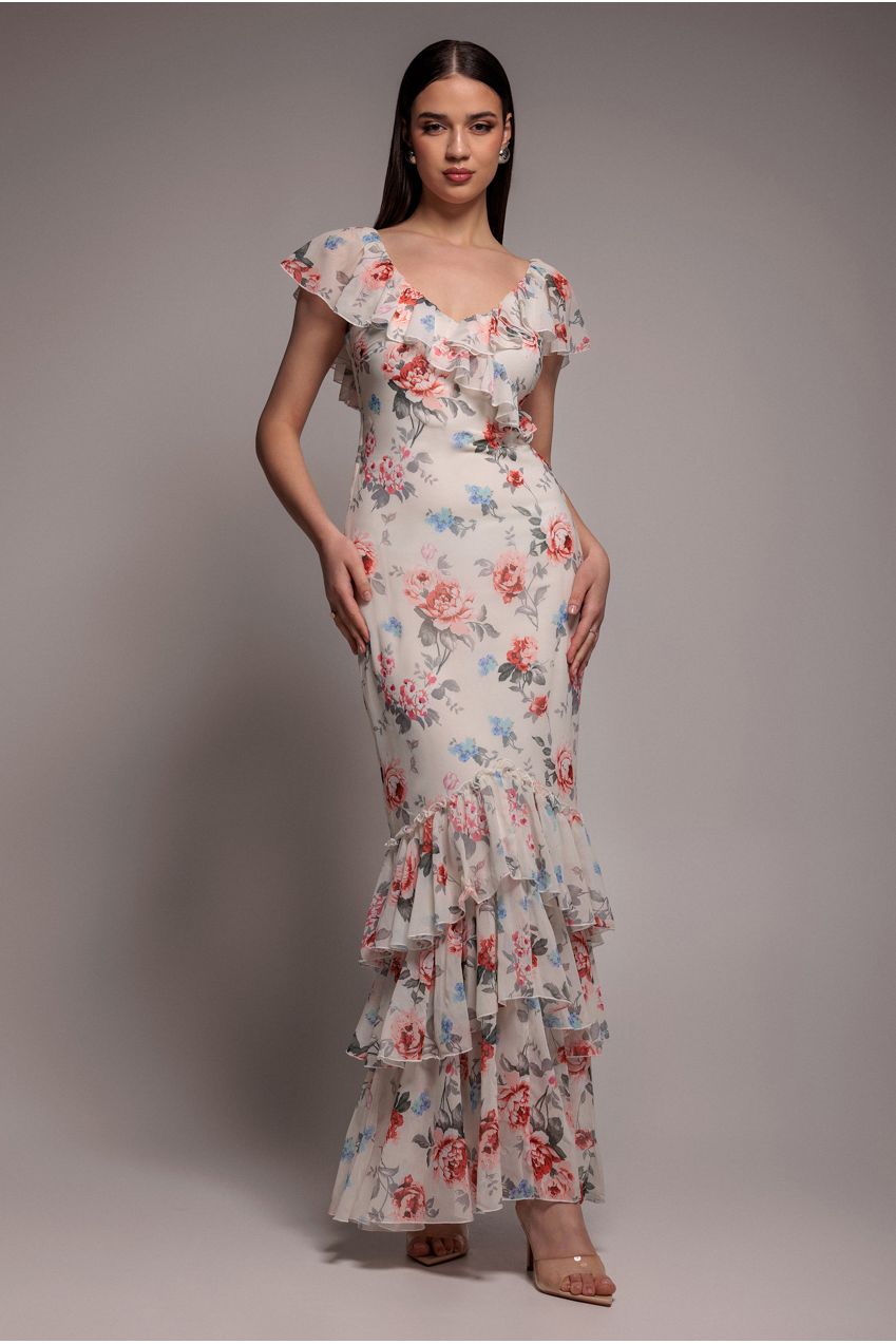 Floral Printed Chiffon Ruffle Maxi - Cream DR3750