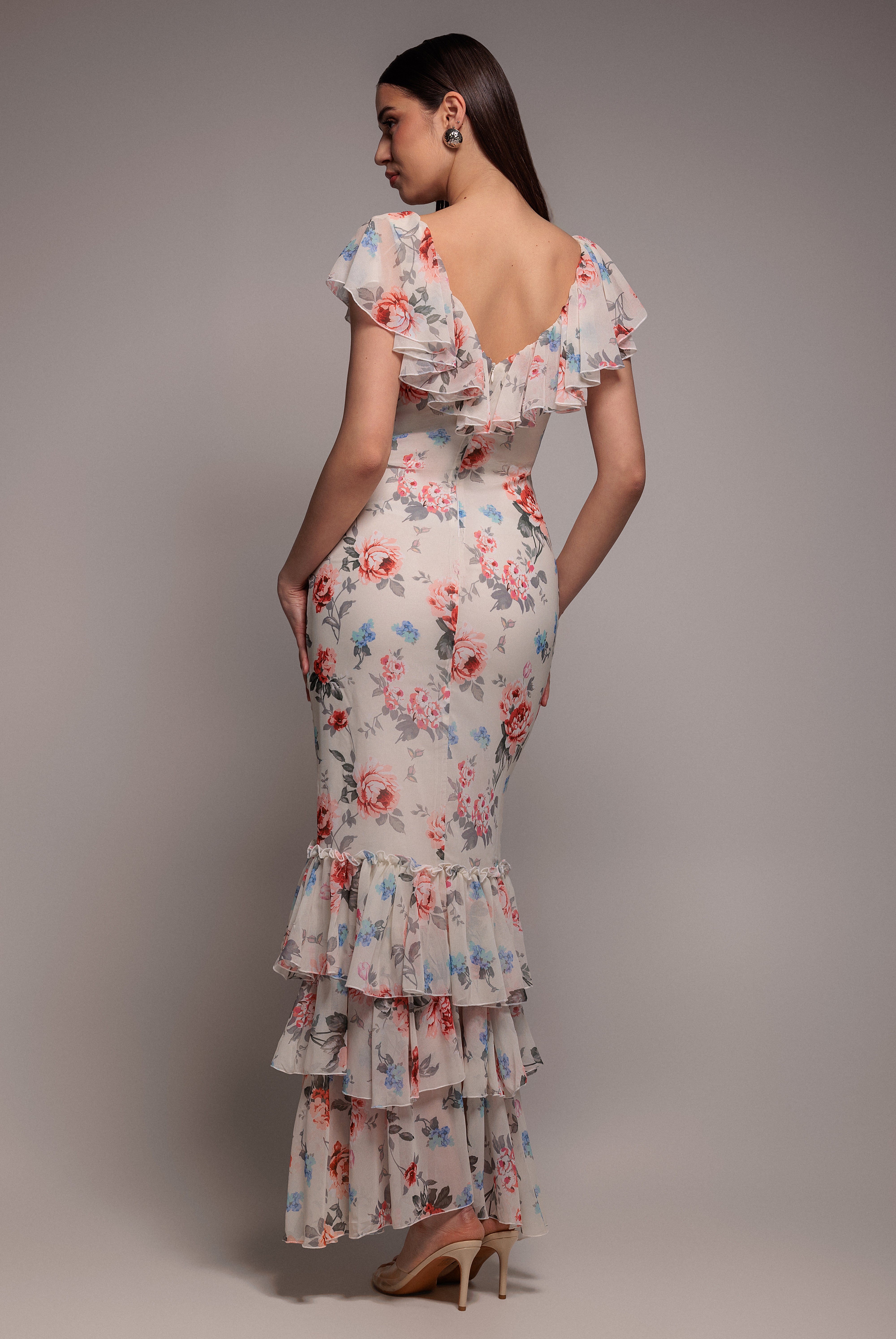 Floral Printed Chiffon Ruffle Maxi - Cream DR3750