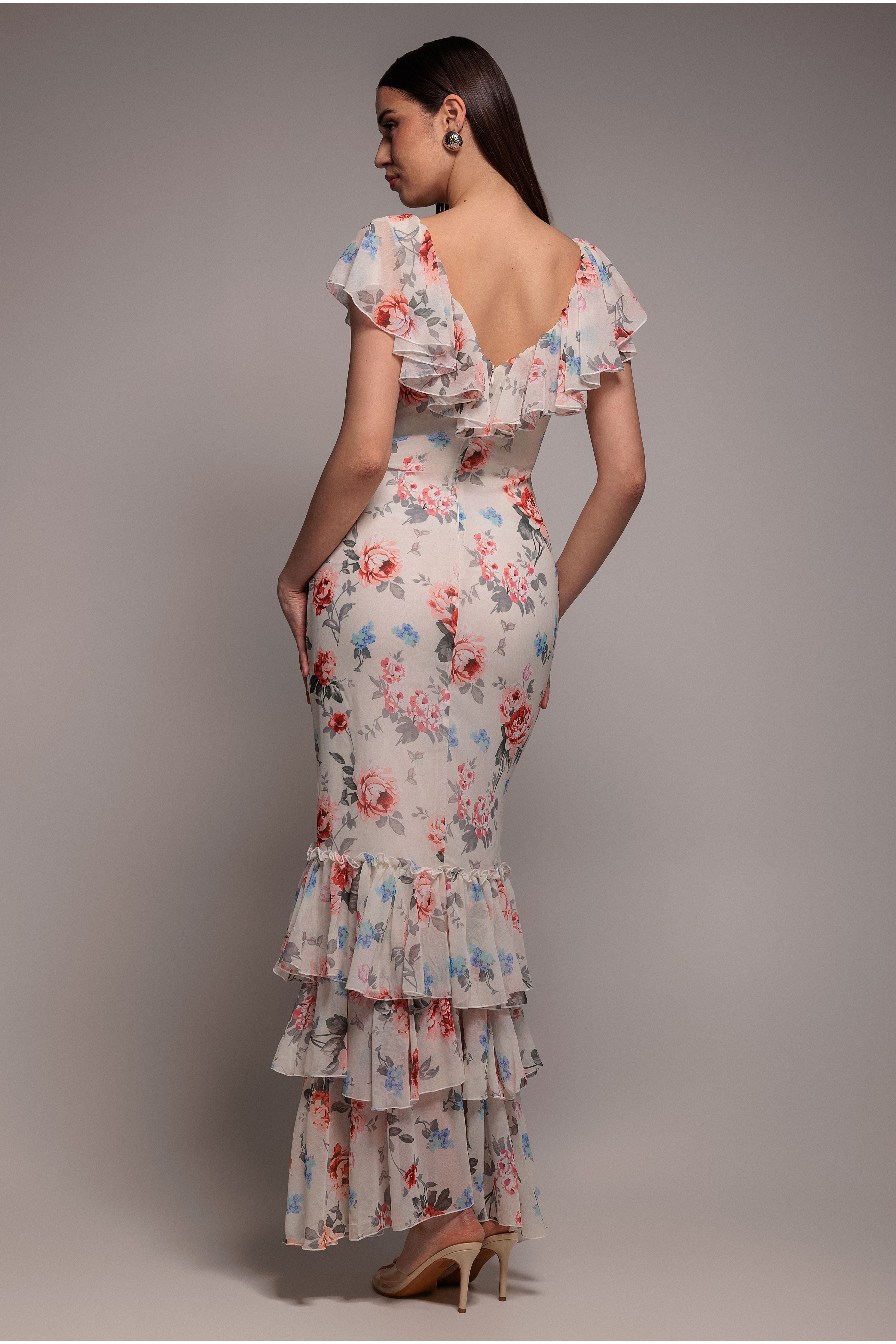 Floral Printed Chiffon Ruffle Maxi - Cream DR3750