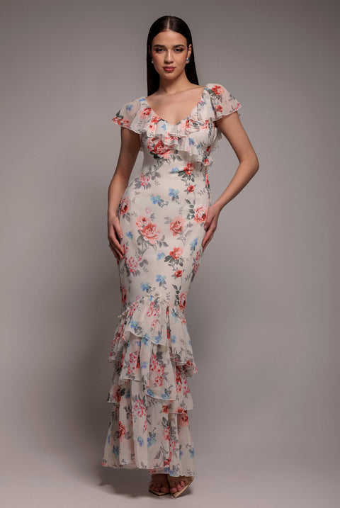 Floral Printed Chiffon Ruffle Maxi - Cream by Goddiva