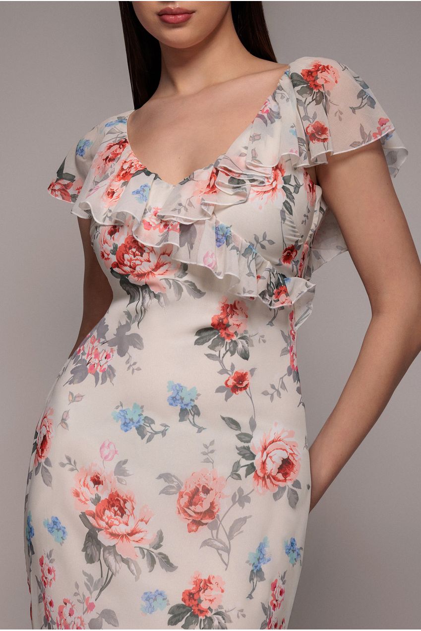 Floral Printed Chiffon Ruffle Maxi - Cream DR3750