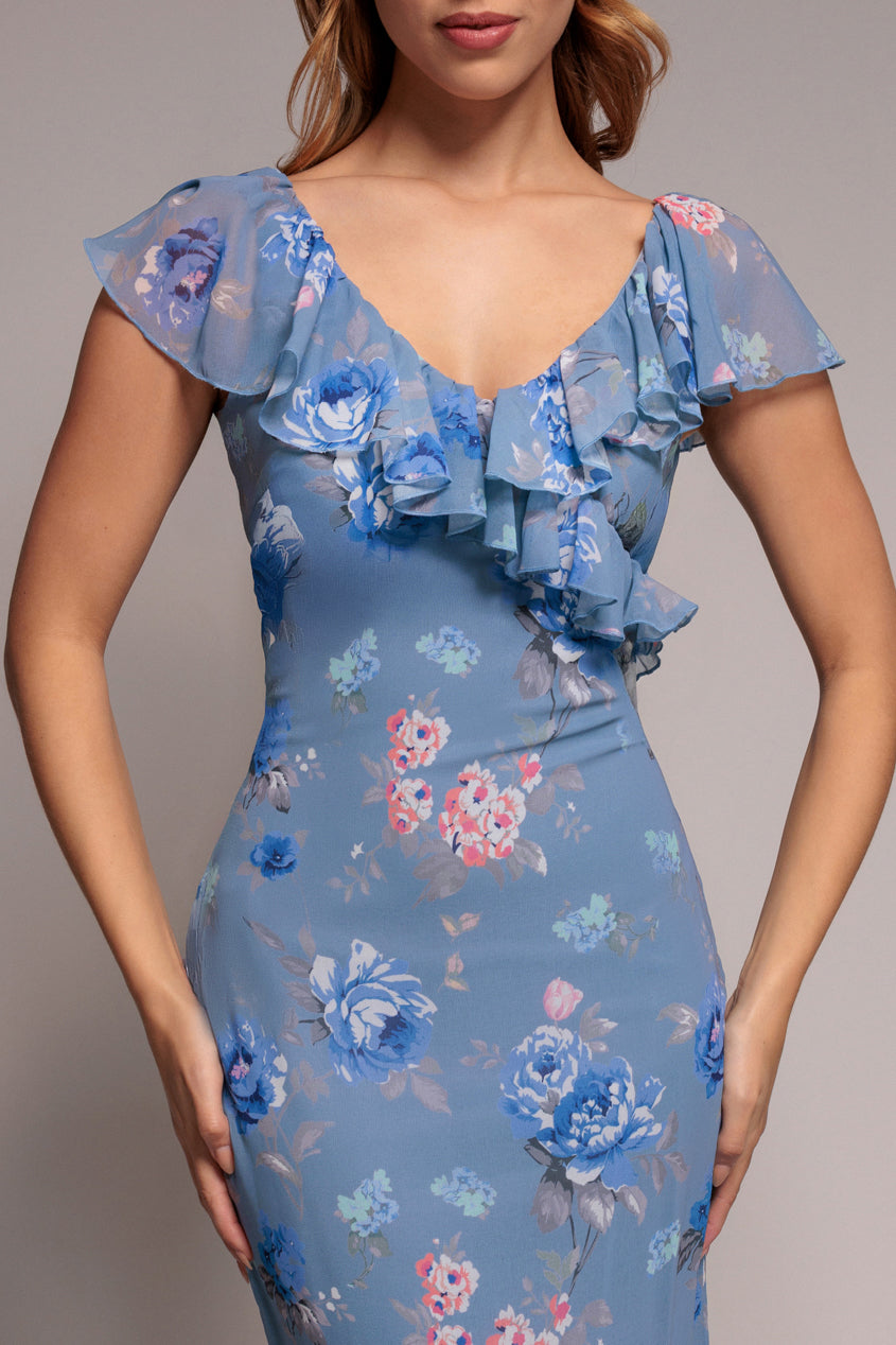 Floral Printed Chiffon Ruffle Maxi - Blue DR3750