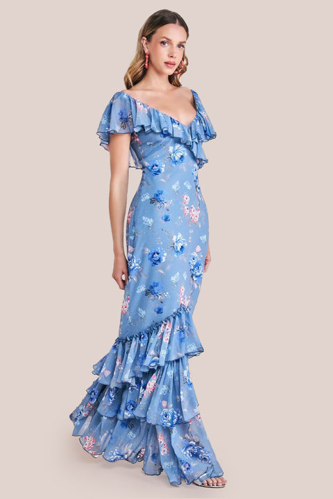 Floral Printed Chiffon Ruffle Maxi - Blue by Goddiva