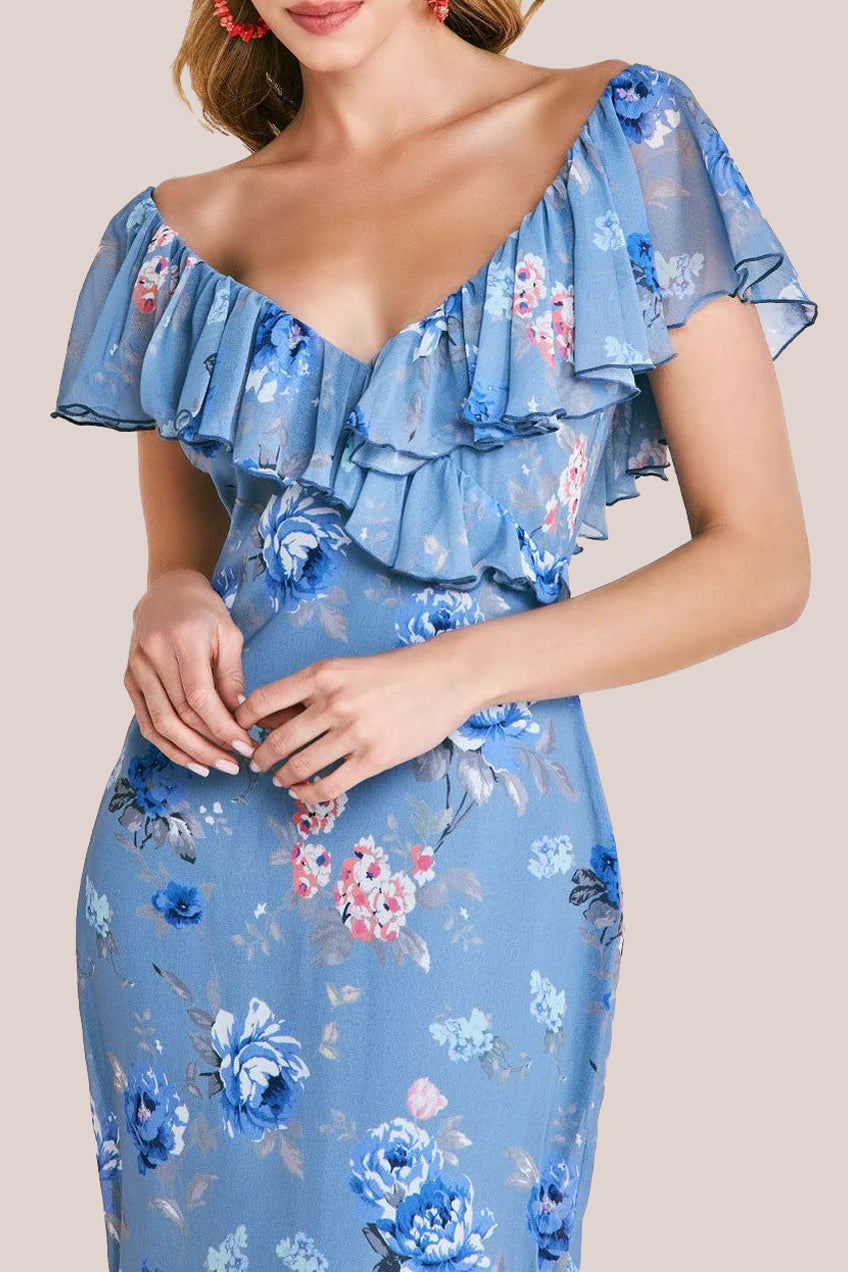 Floral Printed Chiffon Ruffle Maxi - Blue DR3750