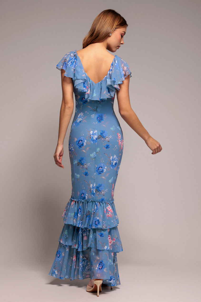Floral Printed Chiffon Ruffle Maxi - Blue DR3750