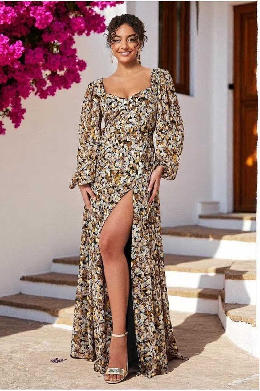 Leaf Print Shirred Back Maxi Dress - Leaf Print DR3768B