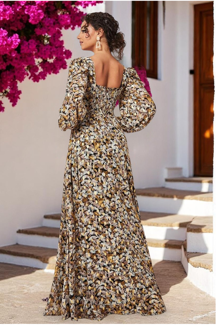 Leaf Print Shirred Back Maxi Dress - Leaf Print DR3768B