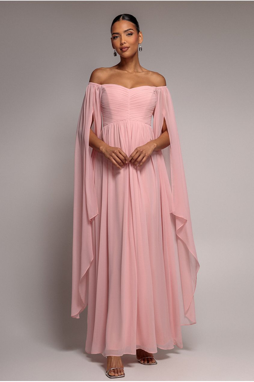 Chiffon Off The Shoulder Maxi With Cape Sleeves - Blush