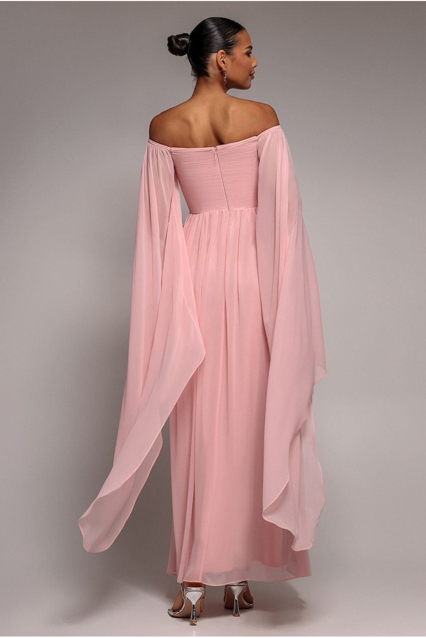 Chiffon Off The Shoulder Maxi With Cape Sleeves - Blush DR3780