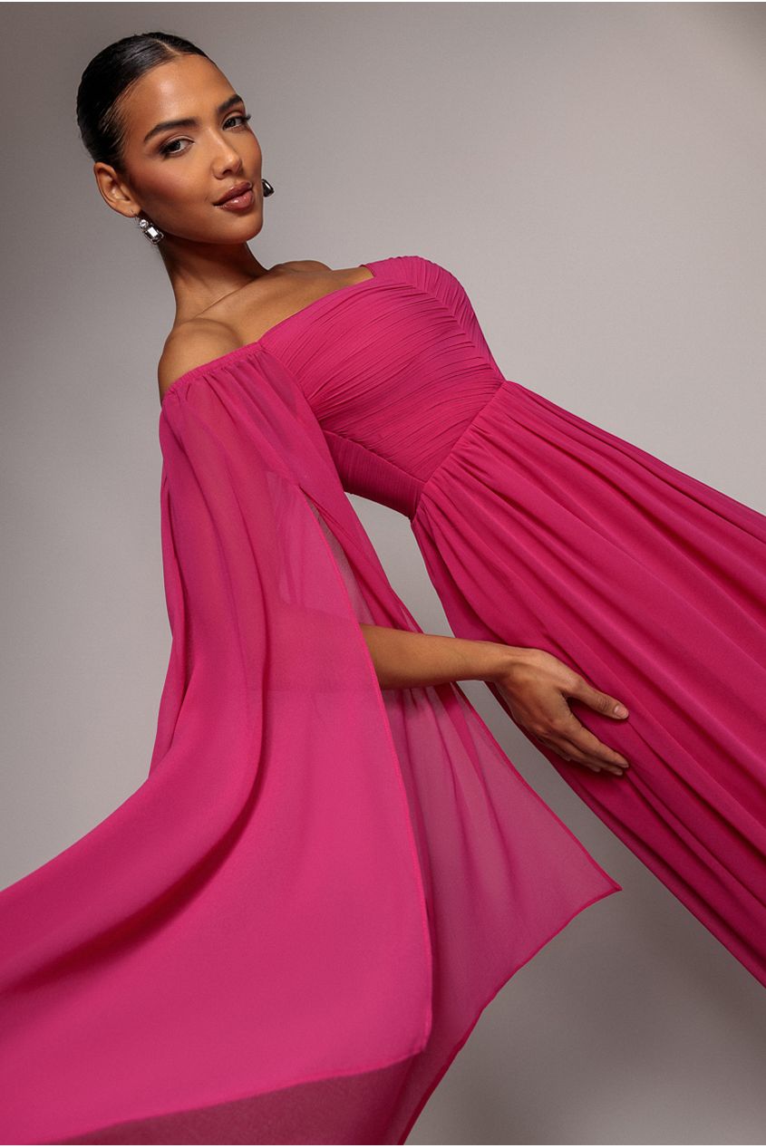 Chiffon Off The Shoulder Maxi With Cape Sleeves - Hot Pink DR3780