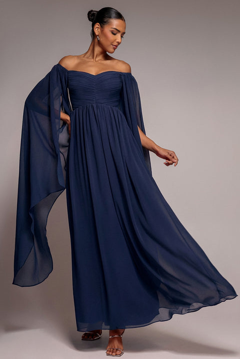 Chiffon Off The Shoulder Maxi With Cape Sleeves - Navy by Goddiva