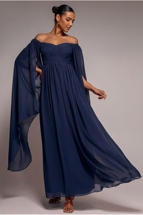 Chiffon Off The Shoulder Maxi With Cape Sleeves - Navy by Goddiva