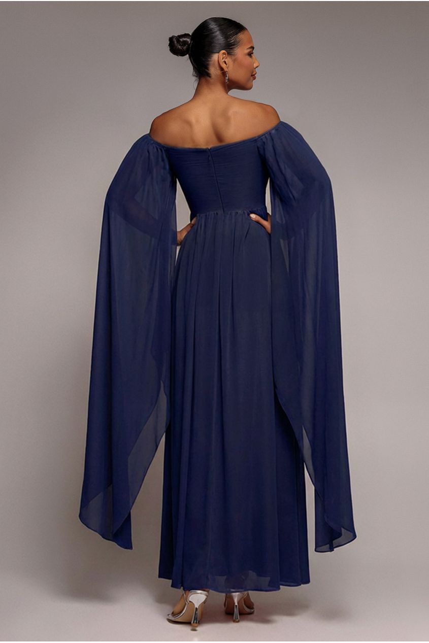 Chiffon Off The Shoulder Maxi With Cape Sleeves - Navy DR3780