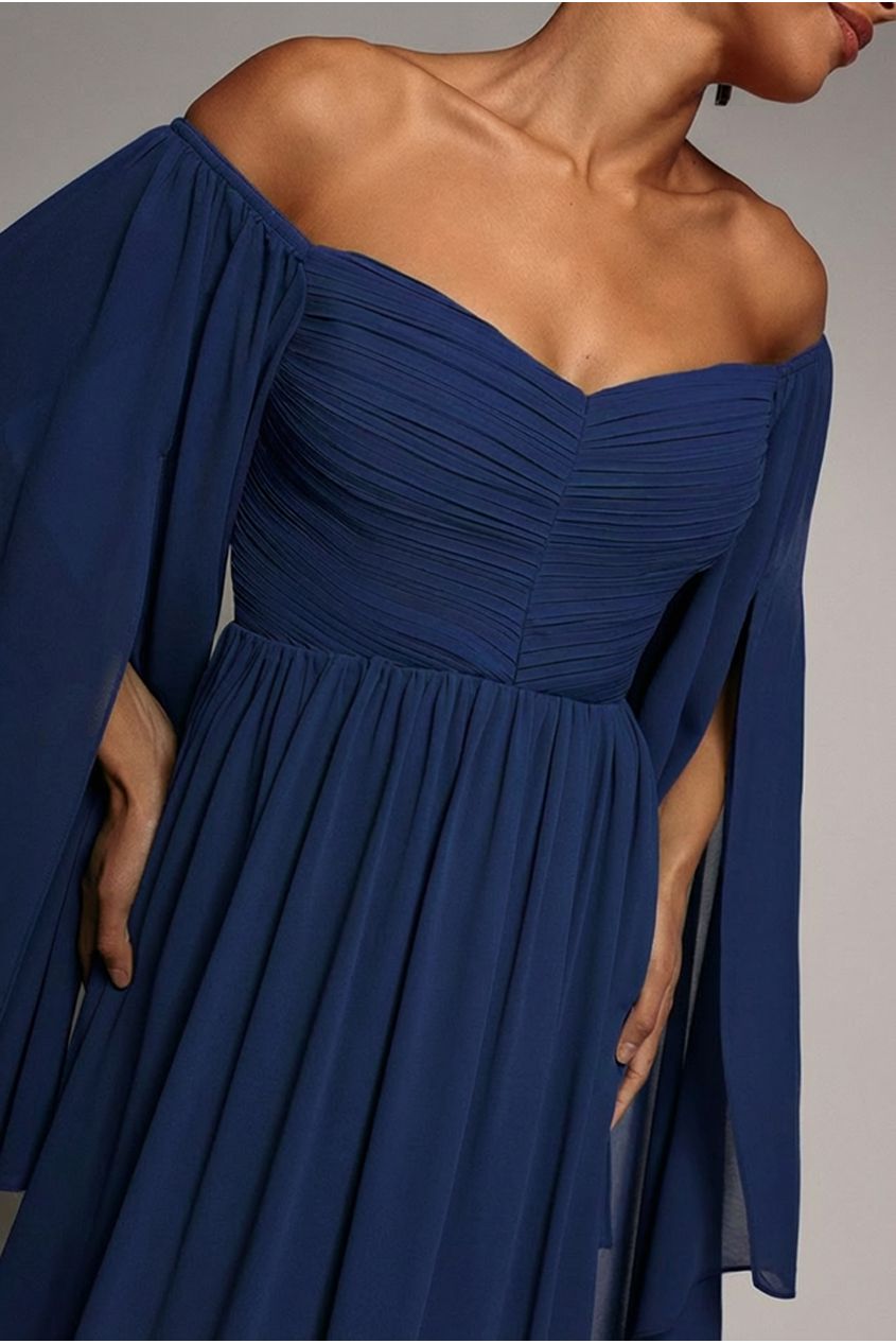 Chiffon Off The Shoulder Maxi With Cape Sleeves - Navy DR3780
