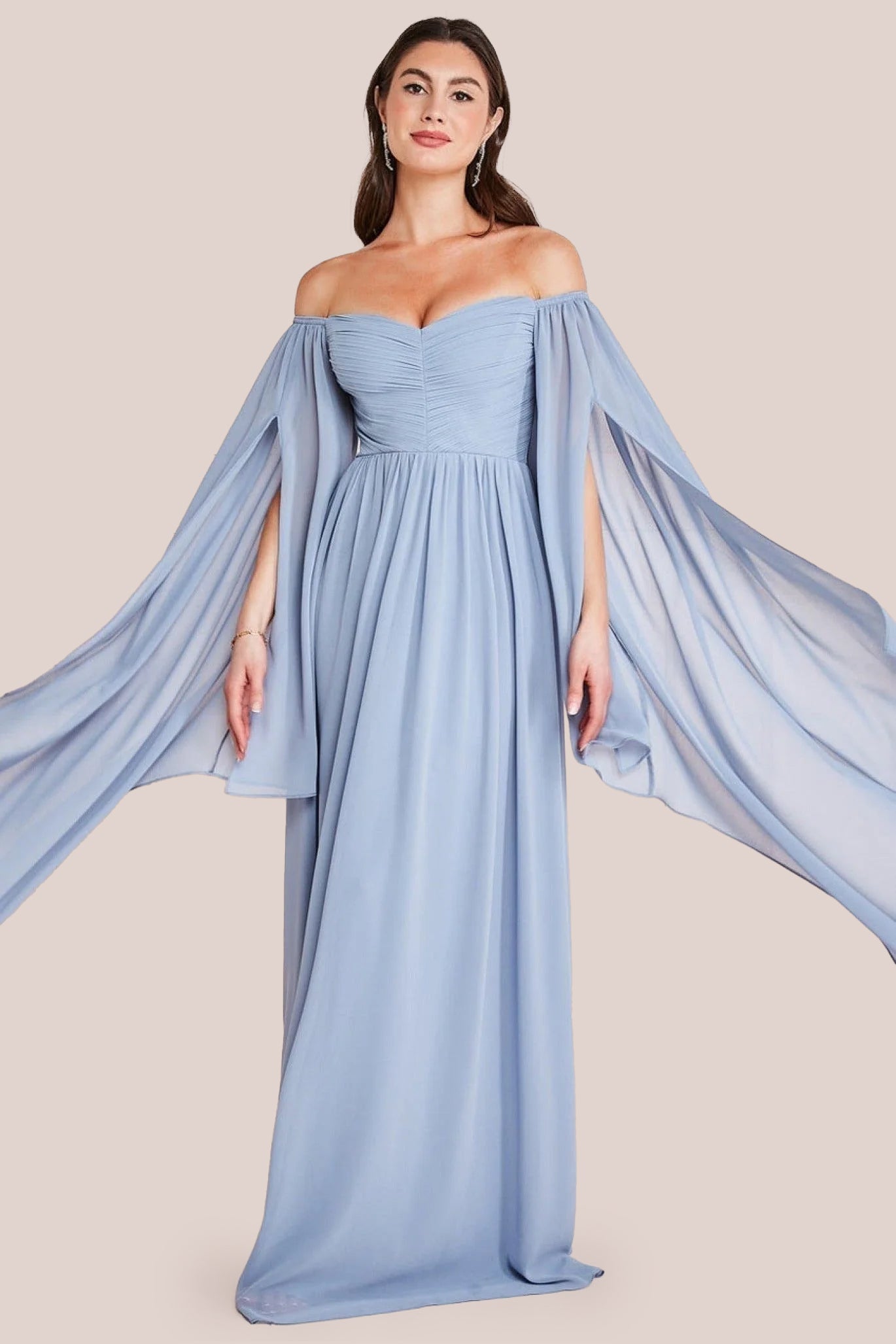 Chiffon Off The Shoulder Maxi With Cape Sleeves Blue by Goddiva Blue
