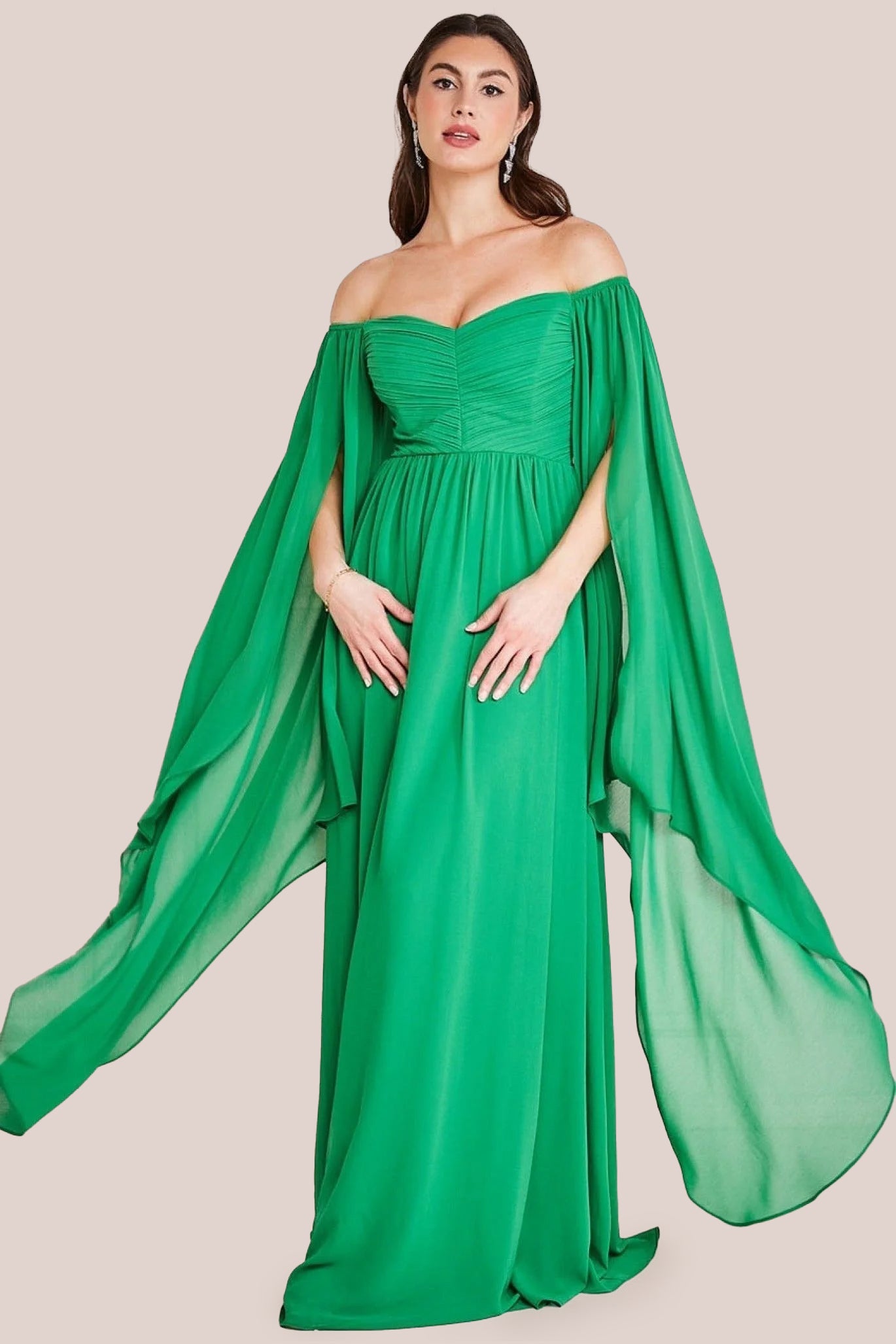 Chiffon Off The Shoulder Maxi With Cape Sleeves - Green DR3780