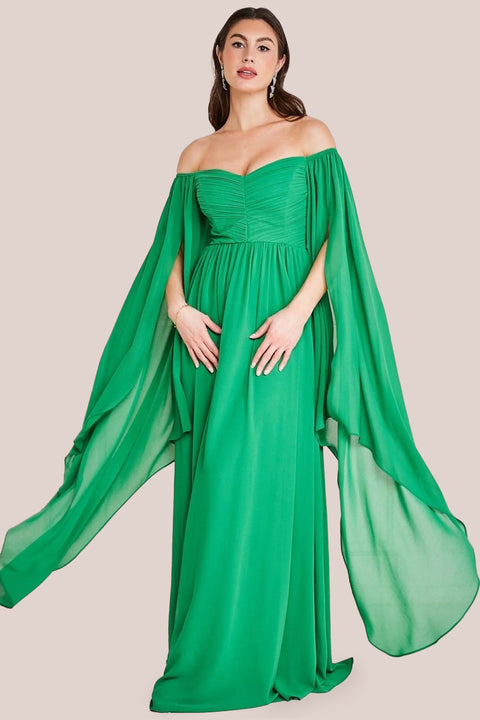 Chiffon Off The Shoulder Maxi With Cape Sleeves - Green by Goddiva
