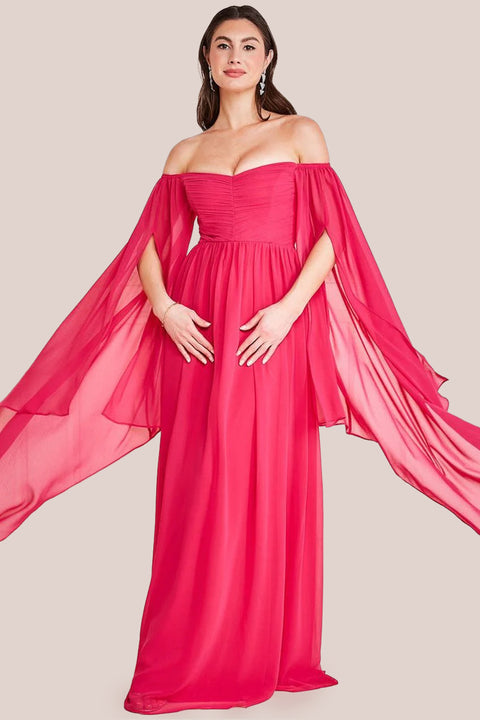 Chiffon Off The Shoulder Maxi With Cape Sleeves - Hot Pink by Goddiva