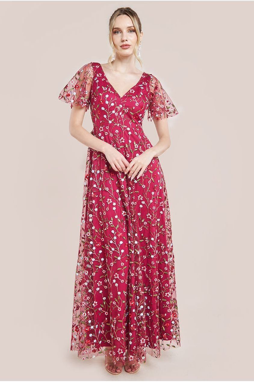 Flutter Sleeve Floral Embroidered Maxi - Burgundy DR3798