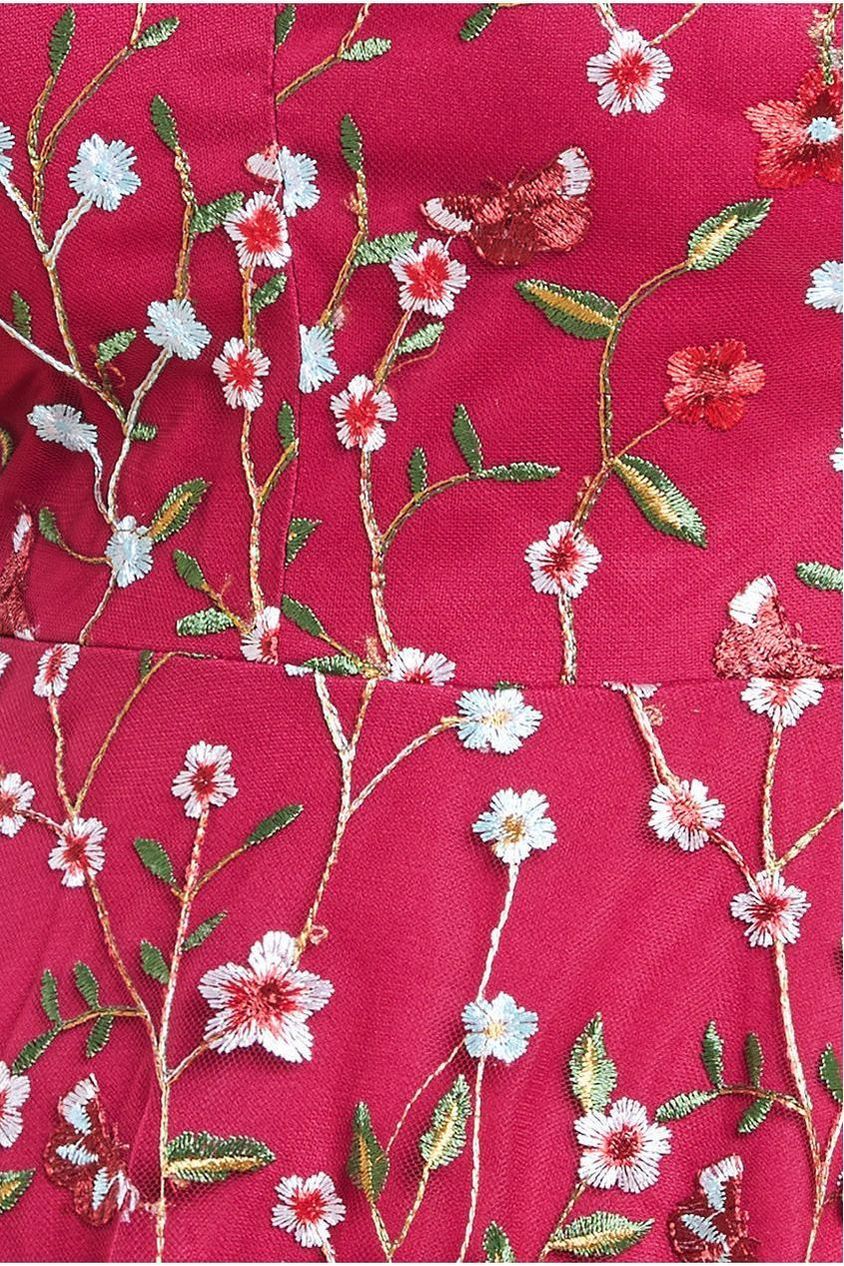 Flutter Sleeve Floral Embroidered Maxi - Burgundy DR3798