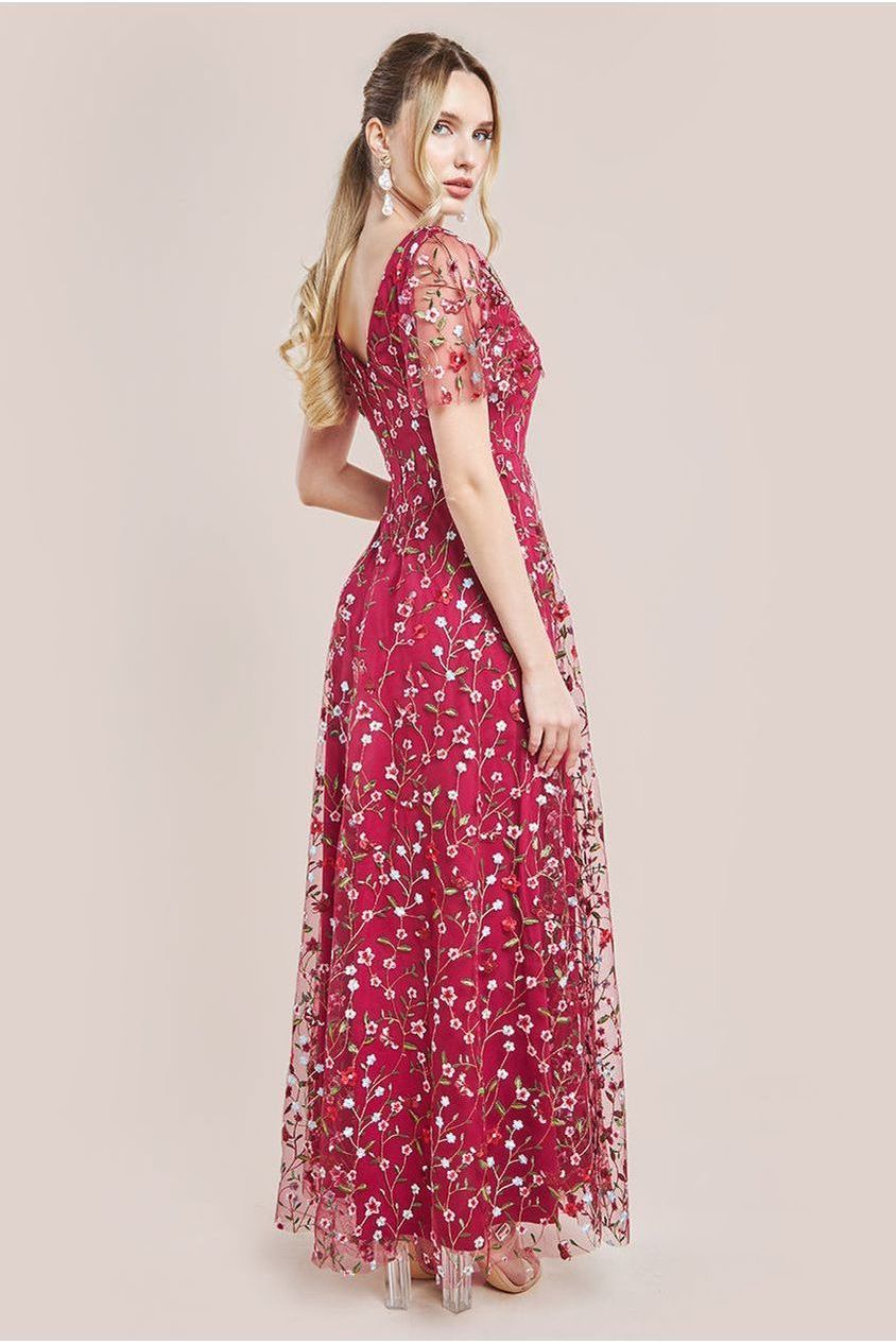 Flutter Sleeve Floral Embroidered Maxi - Burgundy DR3798