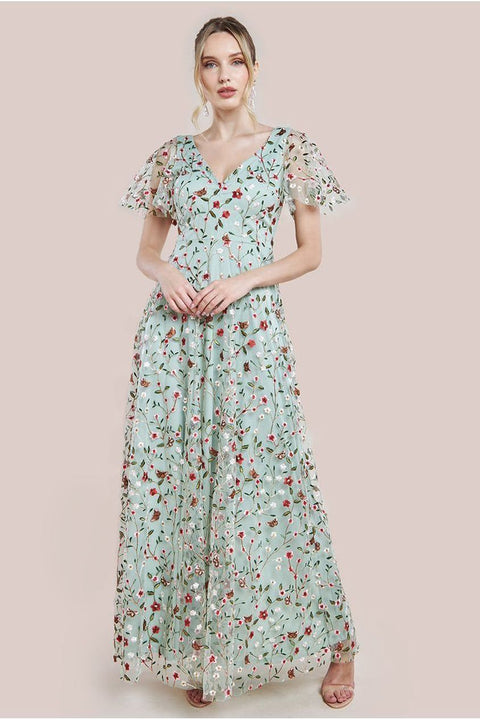 Flutter Sleeve Floral Embroidered Maxi - Sage Green by Goddiva