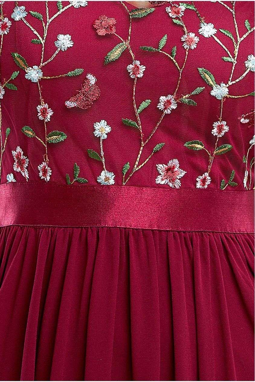 Embroidered Top Flutter Sleeve Maxi - Burgundy DR3799